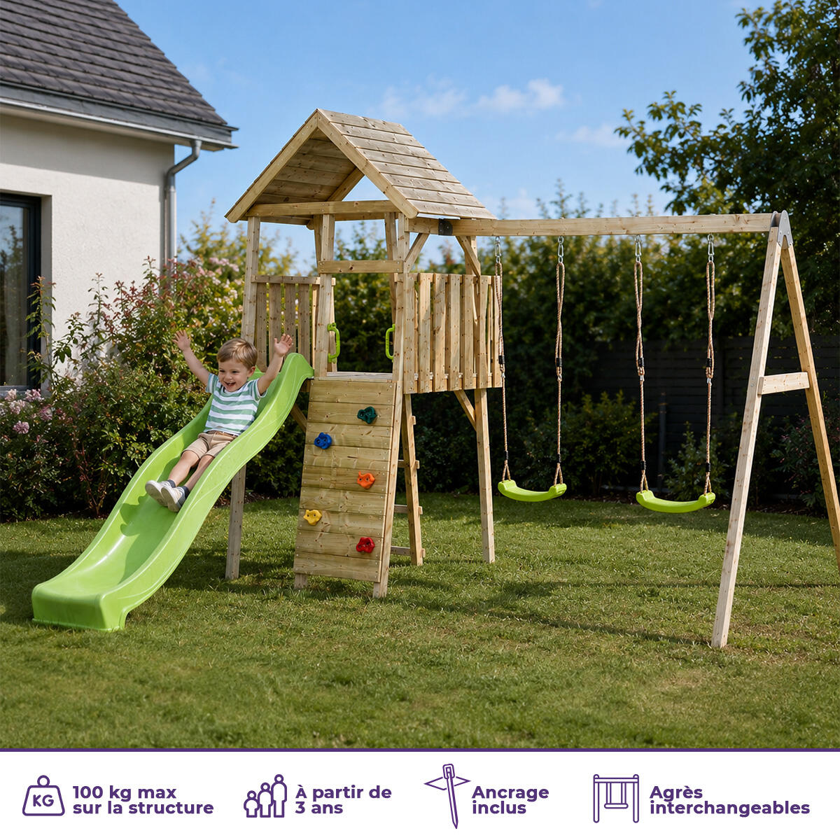 Parco giochi in legno WOODI - 2 altalene, scivolo, arrampicata, cabina 2/5