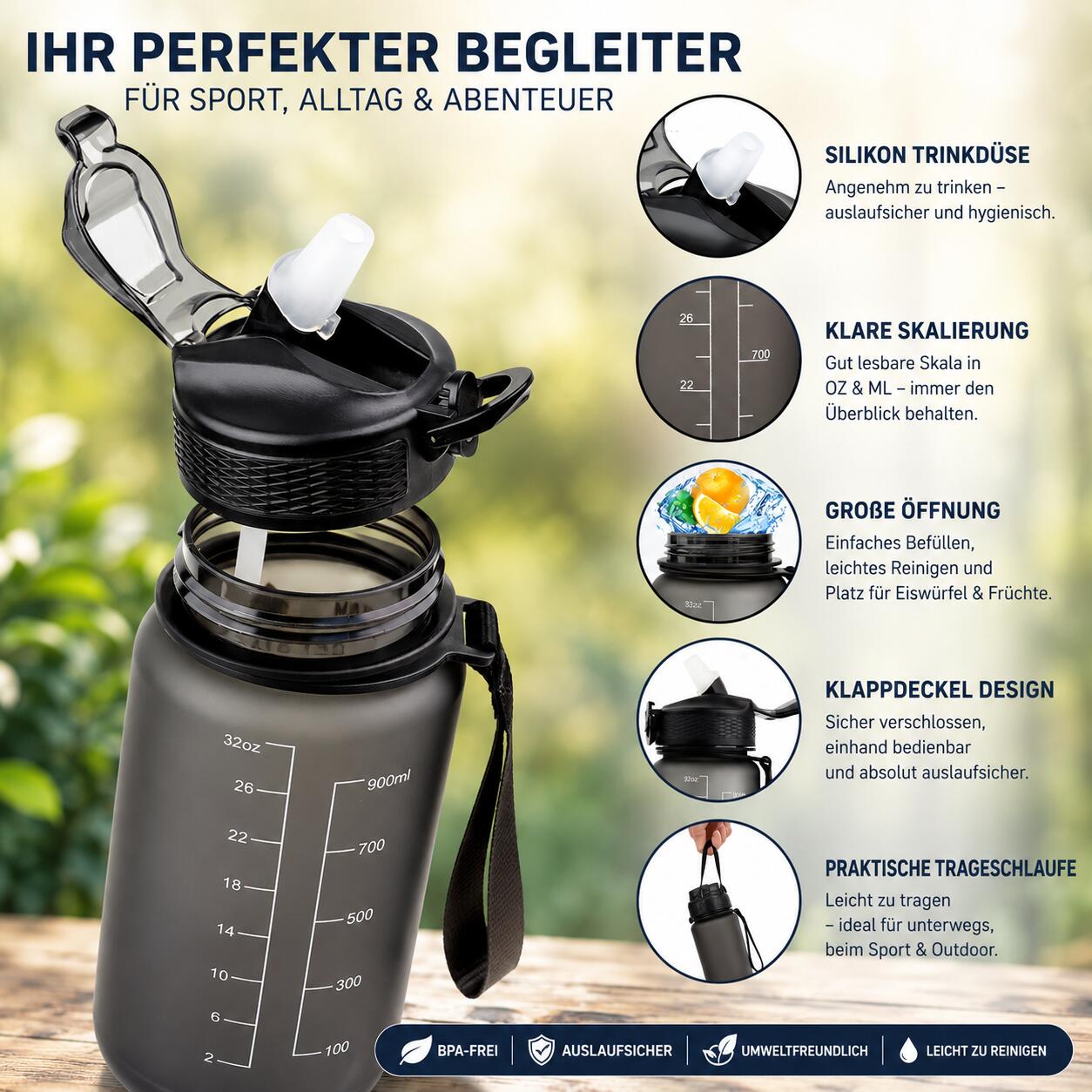 Trinkflasche 1 Liter Sport-Wasserflasche mit Strohhalm BPA Frei 6/6