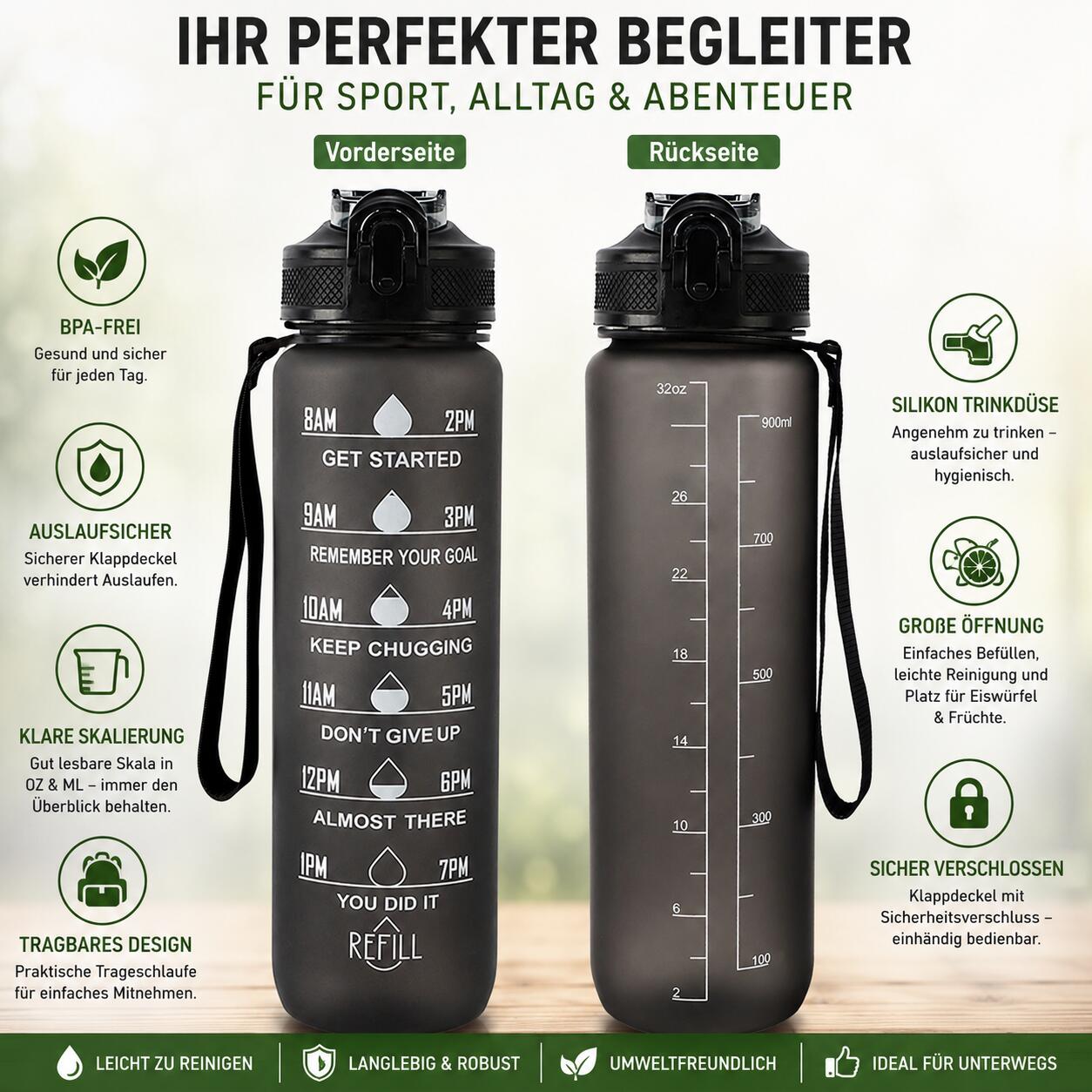 Trinkflasche 1 Liter Sport-Wasserflasche mit Strohhalm BPA Frei 4/6