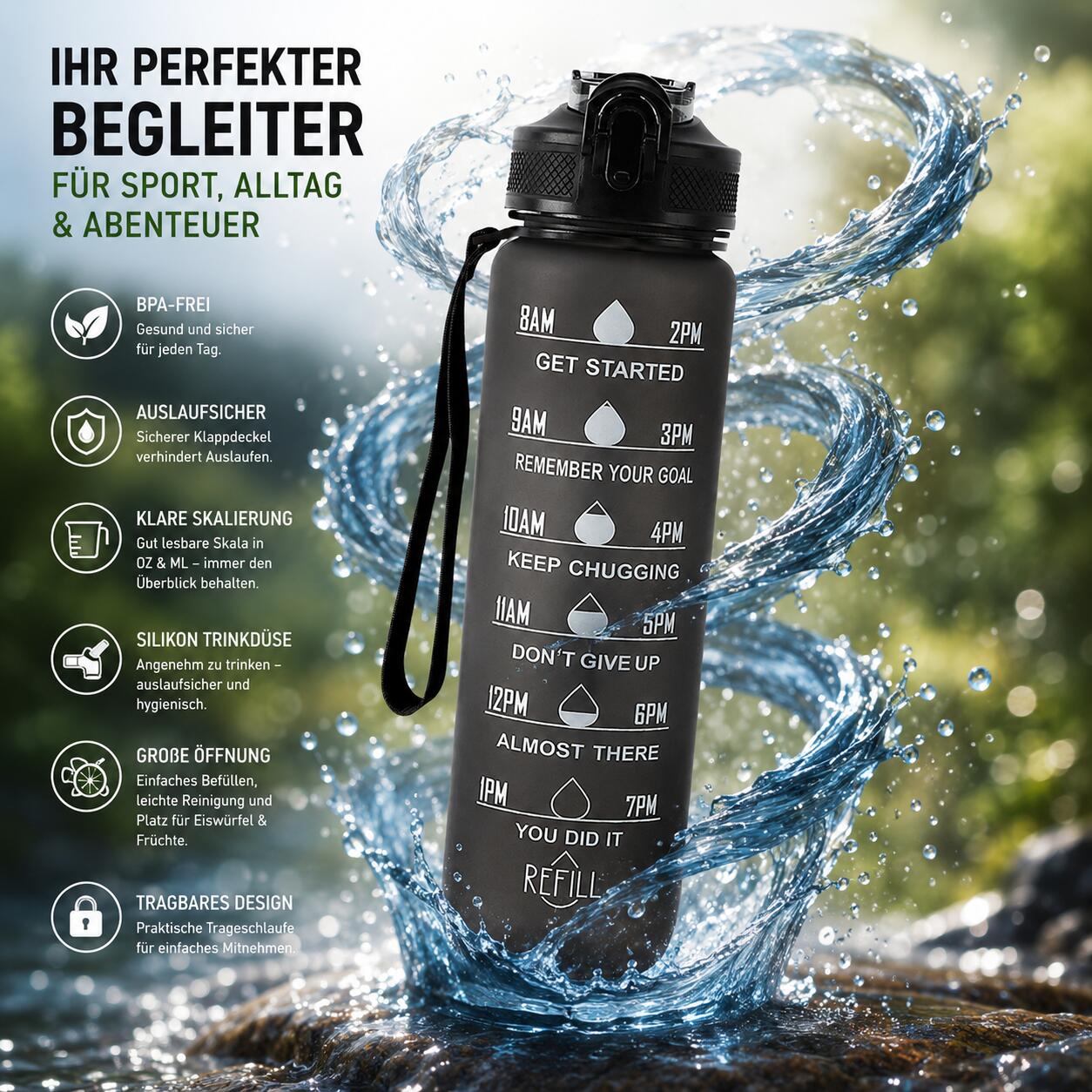 Trinkflasche 1 Liter Sport-Wasserflasche mit Strohhalm BPA Frei 3/6
