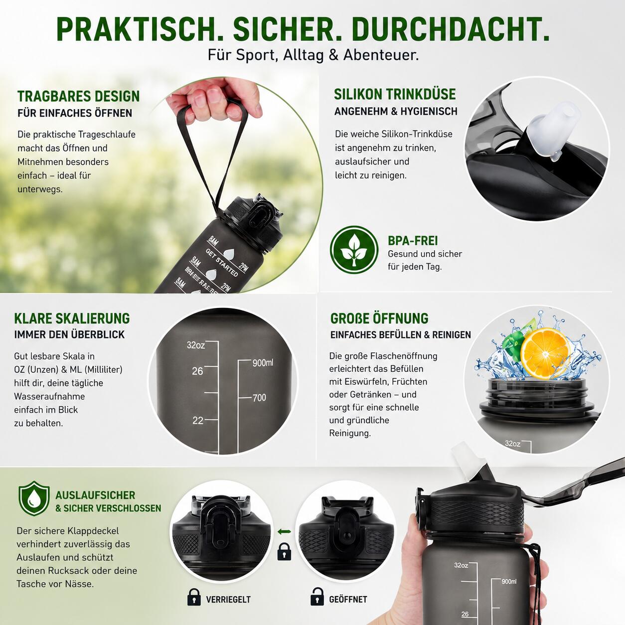 Trinkflasche 1 Liter Sport-Wasserflasche mit Strohhalm BPA Frei 2/6