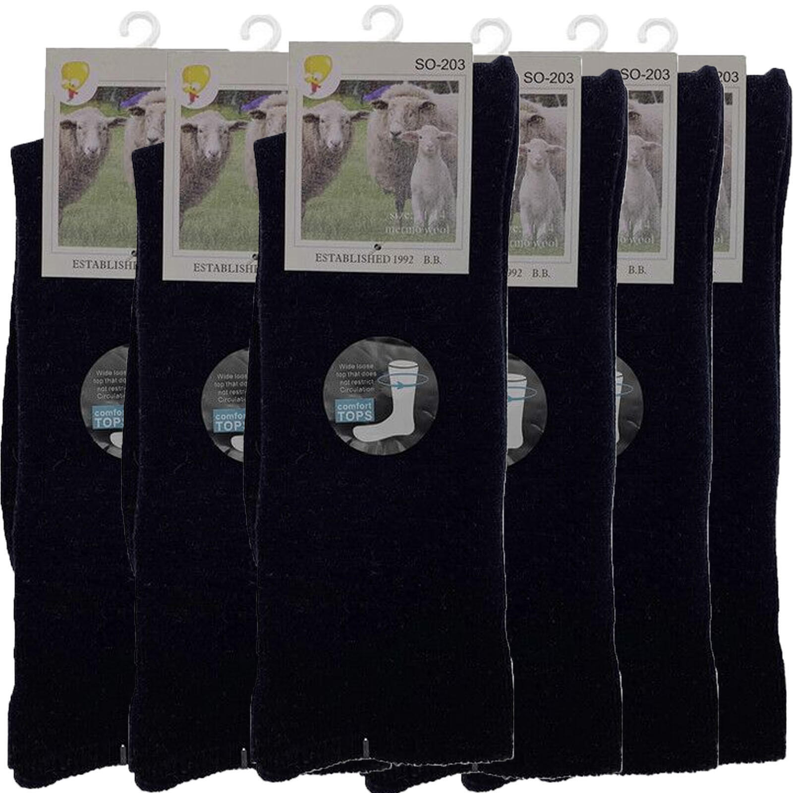 Merino Wool Mens Thermal Diabetic Socks Loose Top Circulation 6 Pairs - Navy - 7