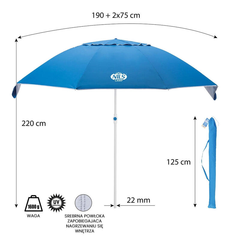 Umbrelă plajă SPF40+ stabilă cu clapete laterale NILS CAMP NC7822