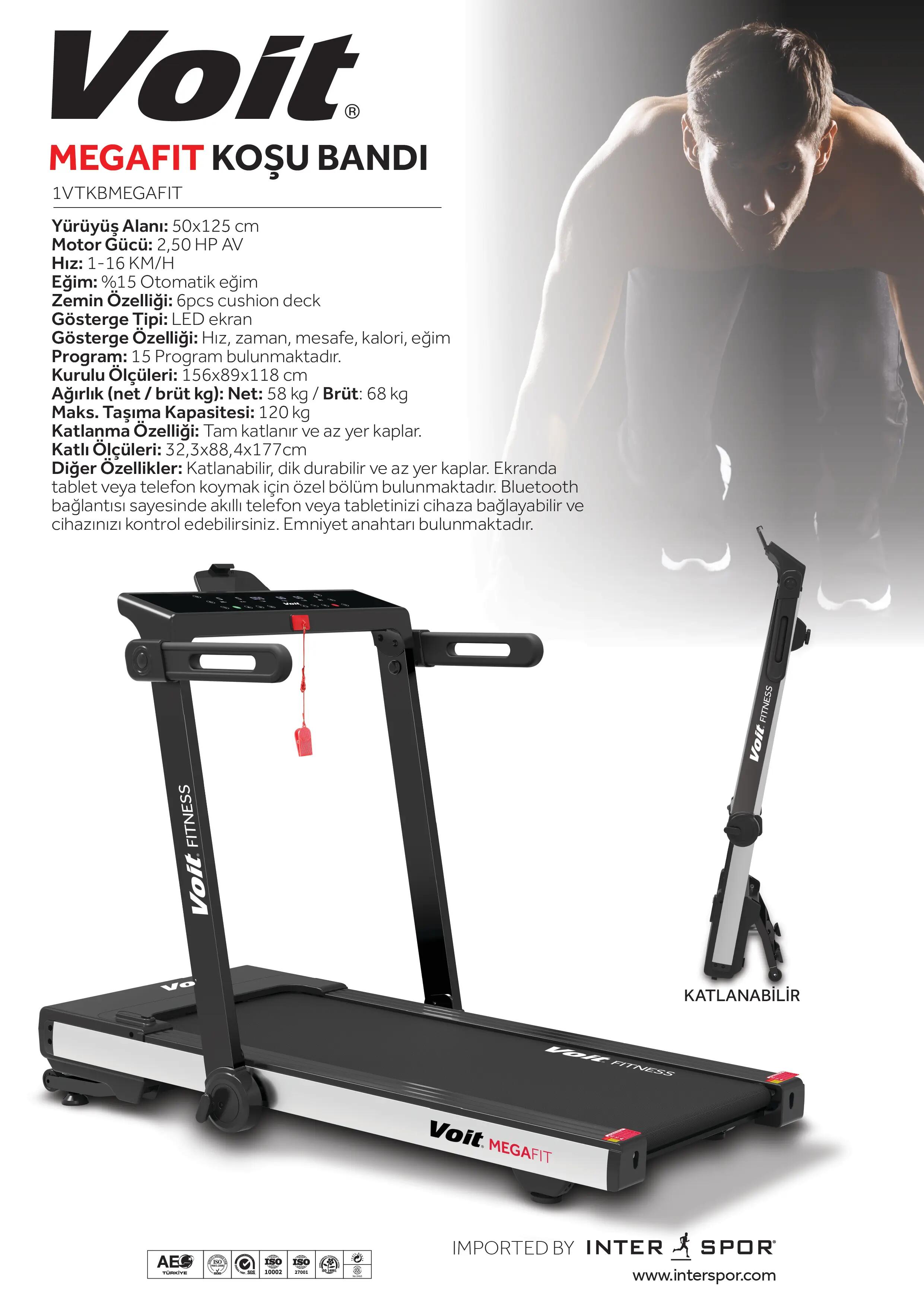 Voit Mega Fit Otomatik Eğimli 50x125 cm Geniş Bant Koşu Bandı 4/4