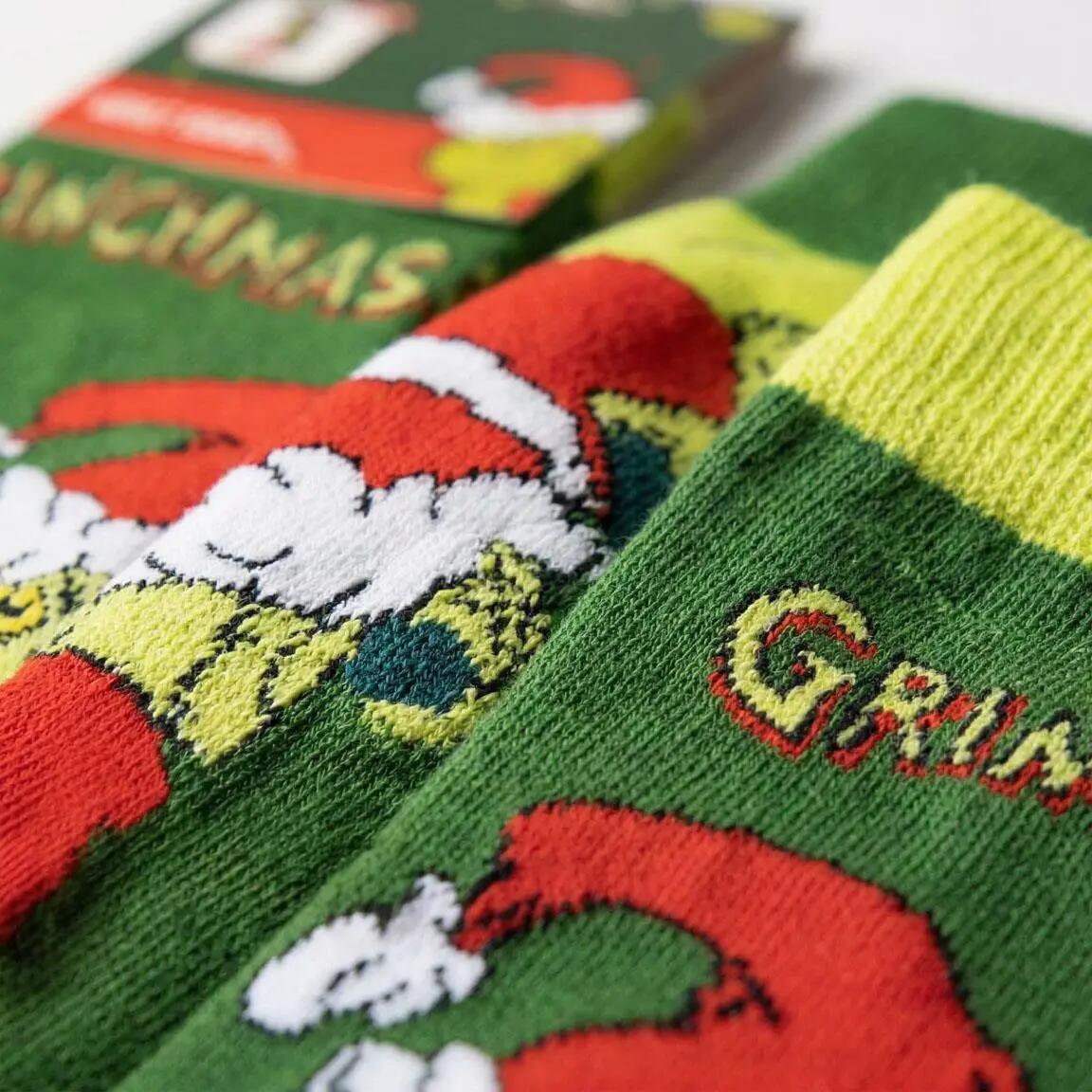 Meias do Grinch para adultos, algodão macio e respirável, verde e vermelho. 6/7