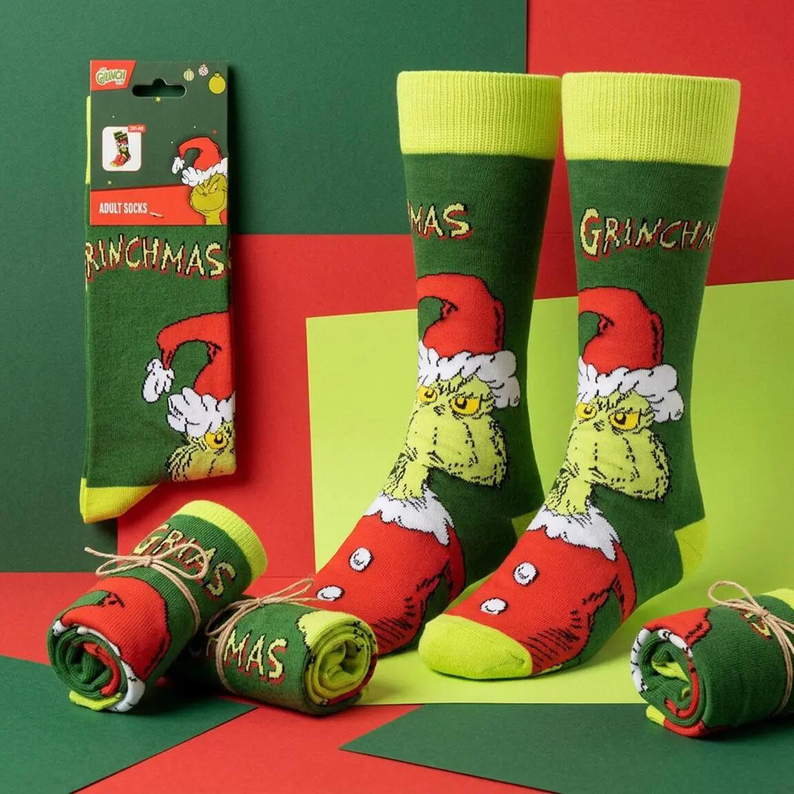 Meias do Grinch para adultos, algodão macio e respirável, verde e vermelho. 3/7