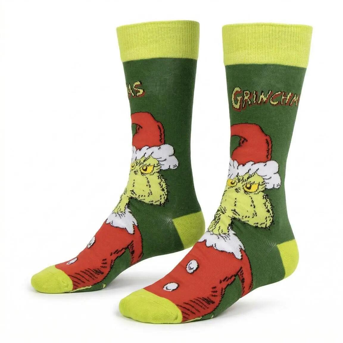 Meias do Grinch para adultos, algodão macio e respirável, verde e vermelho. 2/7