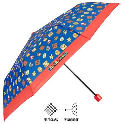 Kinder windproof inklapbare paraplu Super Mario Bros blauw en rood