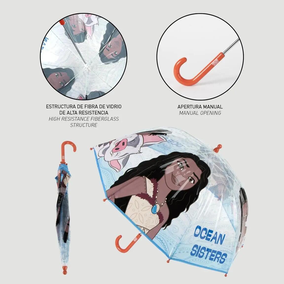 Ombrello per bambini Moana, manuale POE, blu trasparente con manico arancione 5/7