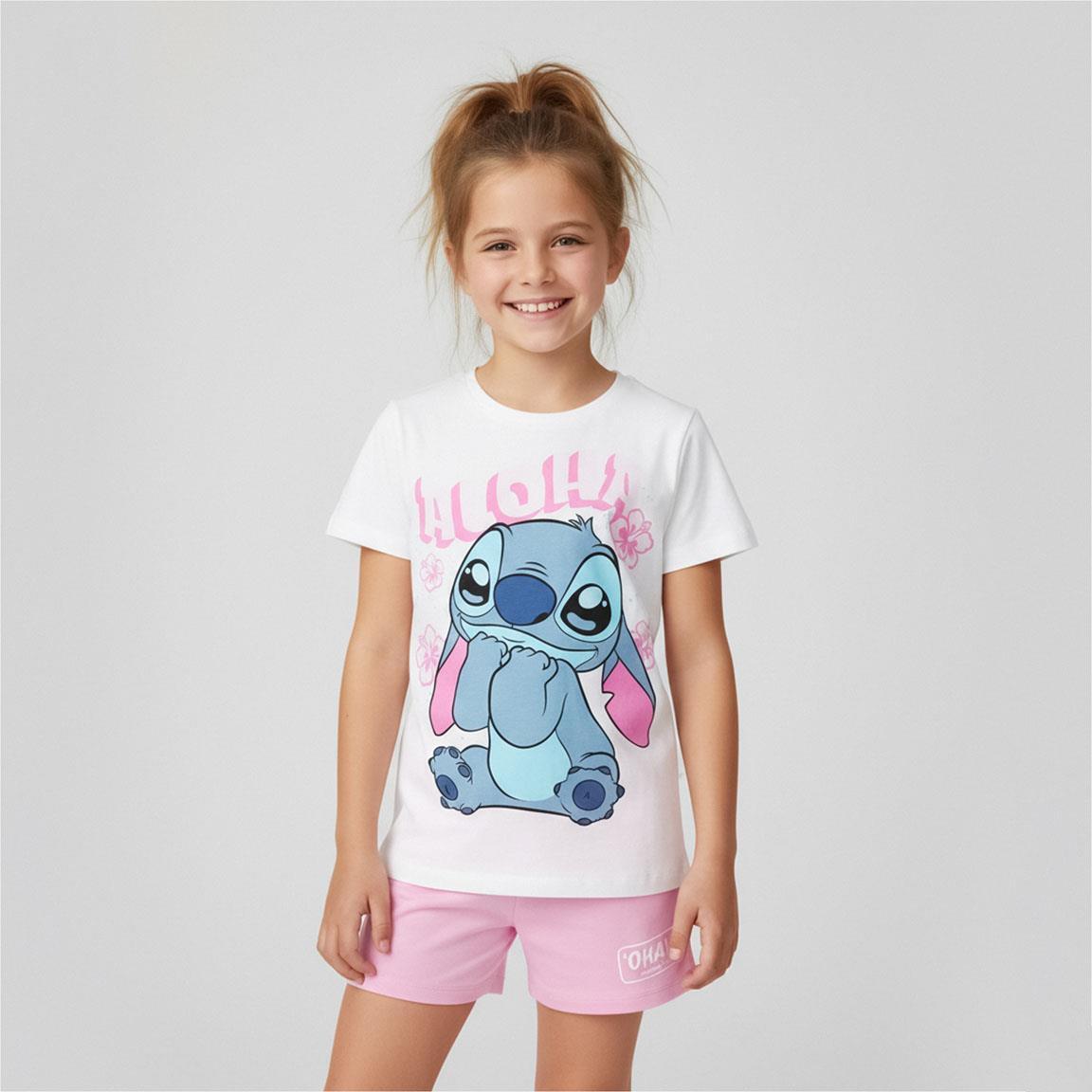 Conjunto infantil Stitch de duas peças em algodão felpudo francês branco e rosa. 5/5
