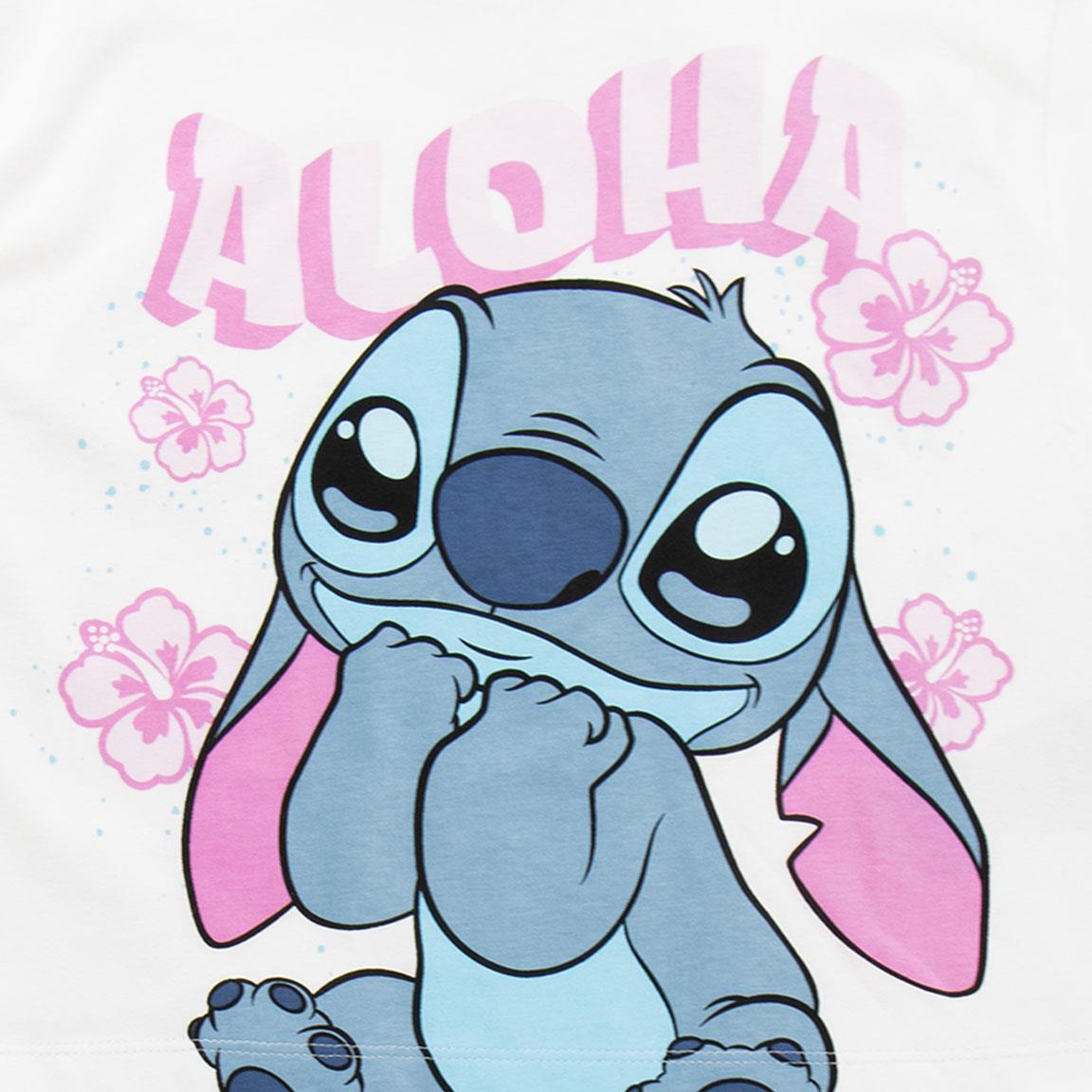 Conjunto infantil Stitch de duas peças em algodão felpudo francês branco e rosa. 3/5
