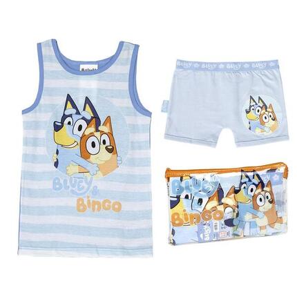 Bluey Kinder-Baumwollpyjama mit Hosenträgern und hellblauem Kulturbeutel