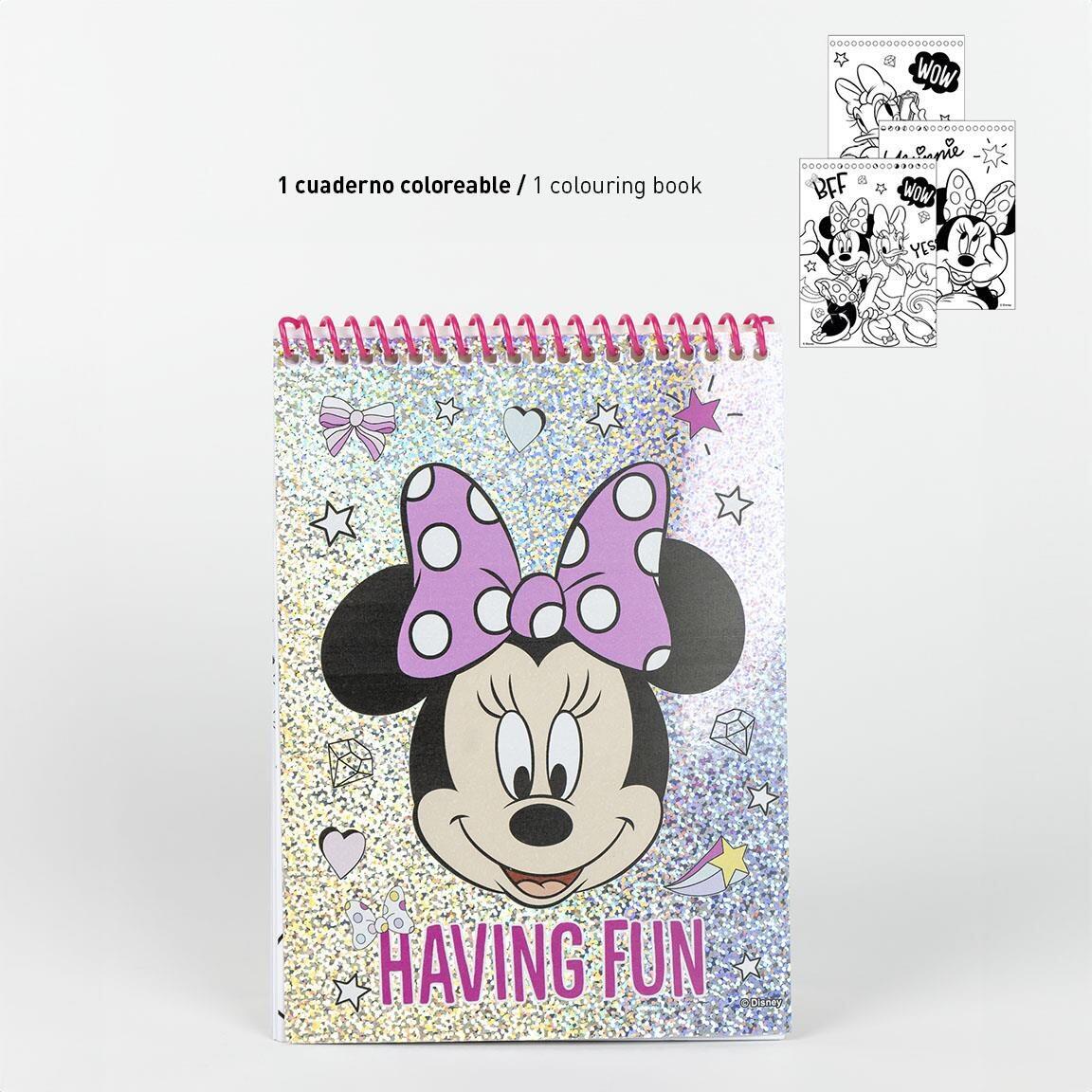 Conjunto de artigos de papelaria infantil para colorir da Minnie Mouse com 3/6