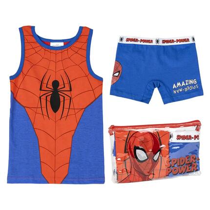 Spiderman Kinder-Baumwollpyjama mit Hosenträgern und Kulturbeutel (Blau und Rot)