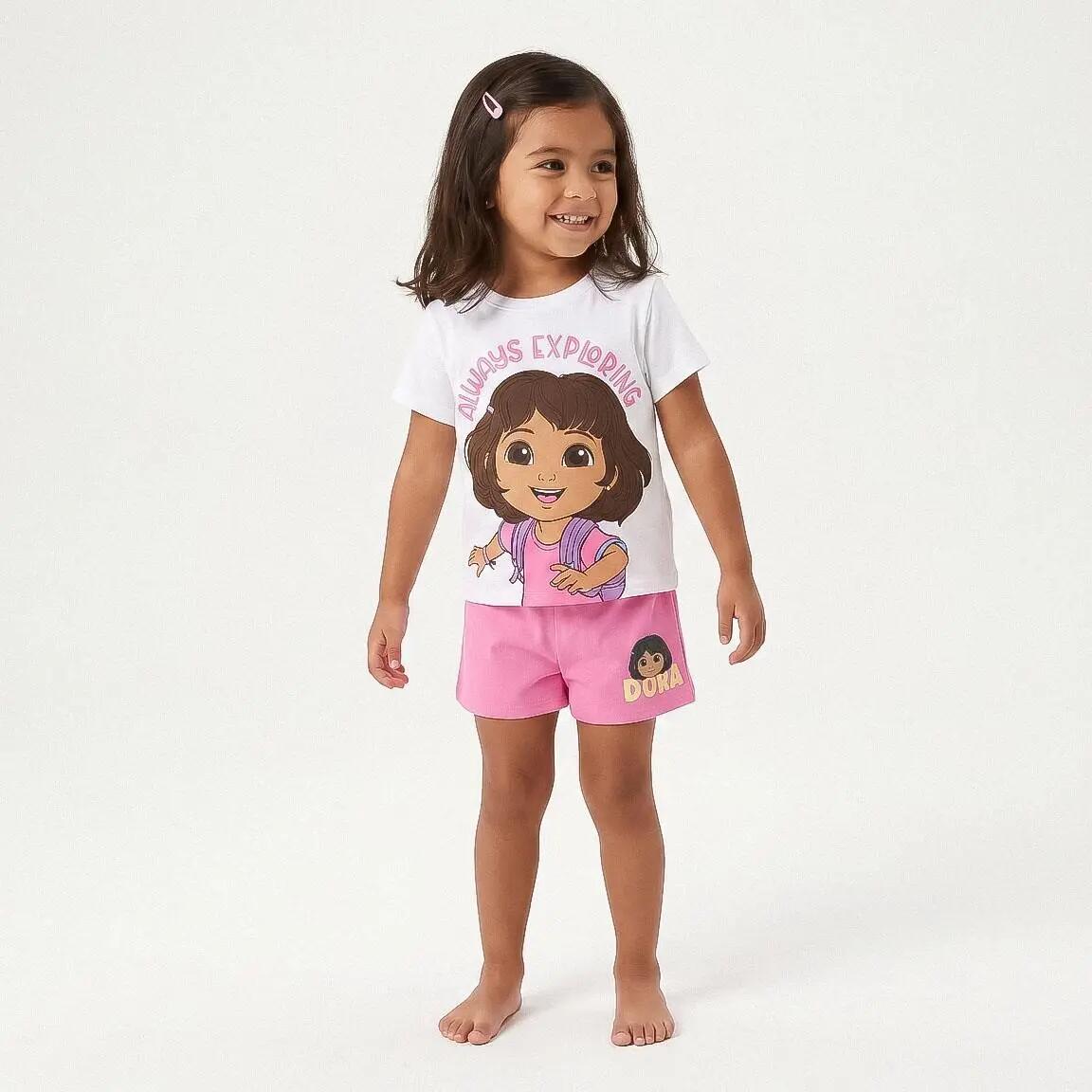 Completo per bambini Dora l'Esploratrice, due pezzi, in cotone bianco e rosa 6/7