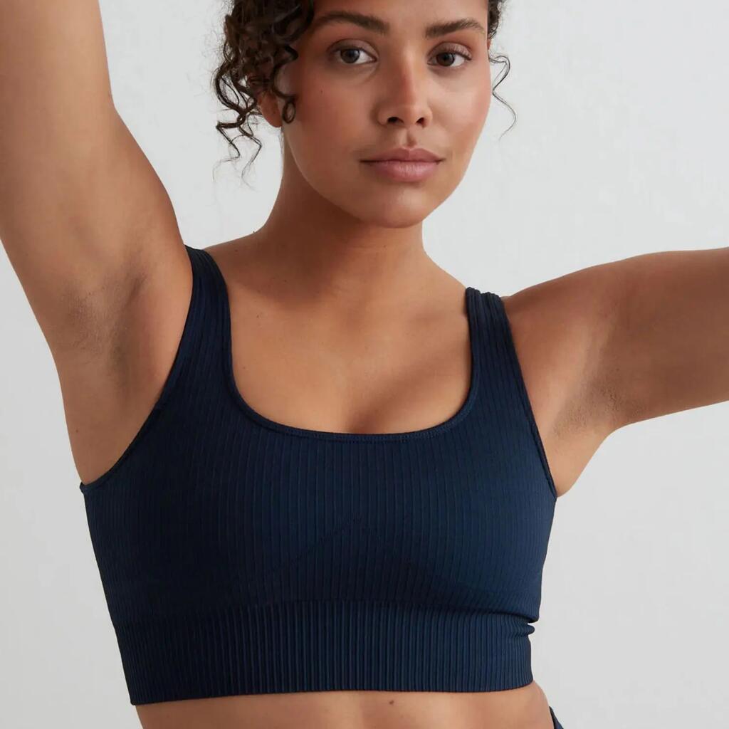 Women's Sports Bra Ribbed Seamless Medium Support Removable Pads Navy Blue