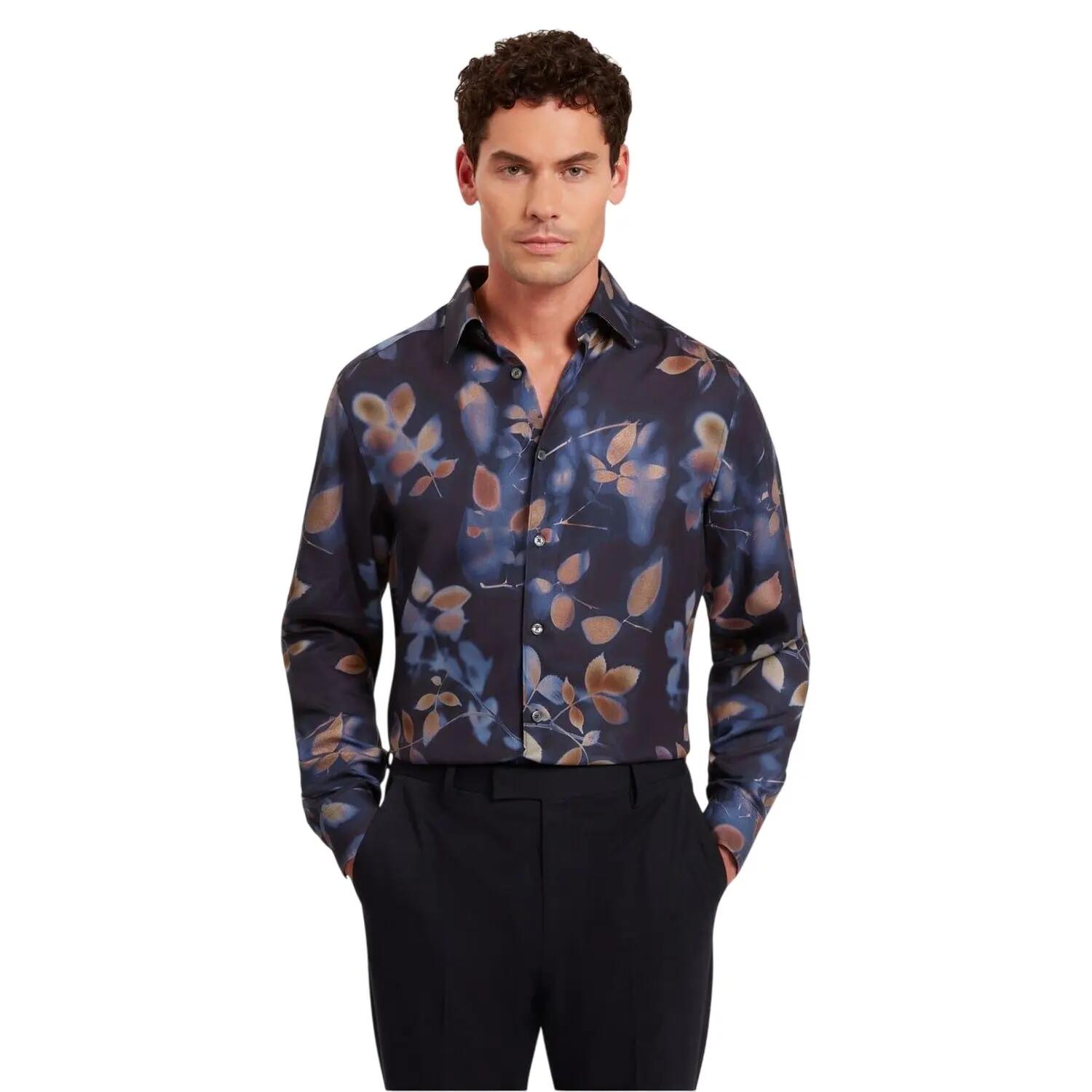 Chemise Motif/style Imprimé Feuille Homme (Bleu Marine) 4/4