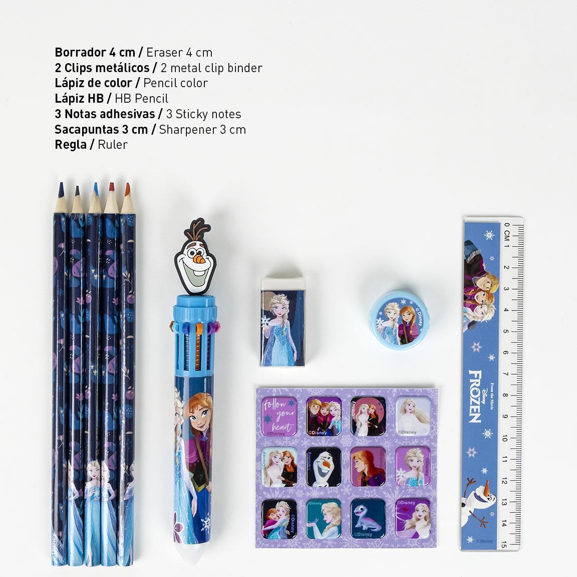 Conjunto de material escolar infantil Frozen com caderno A6 e lápis azuis. 2/3