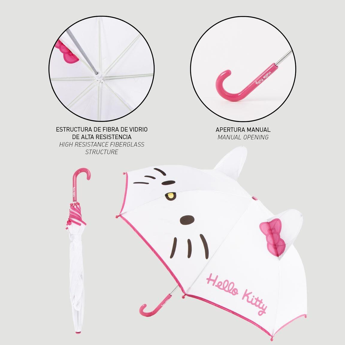 Parapluie manuel Hello Kitty pour enfants avec baleines en fibre blanche et rose 5/7