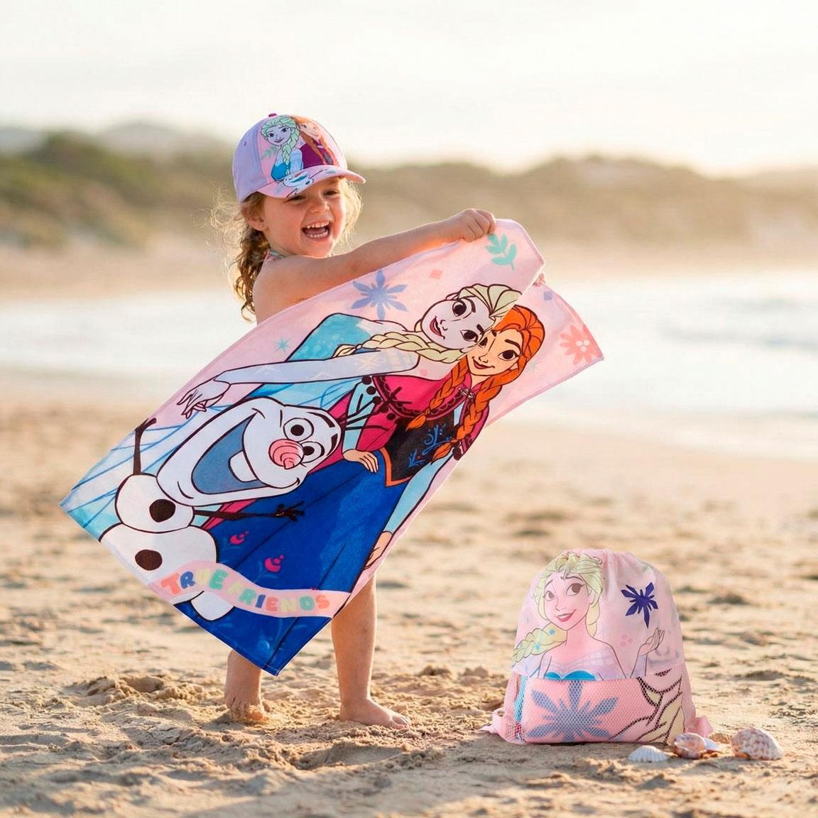 Set de Toalla de Playa Infantil Frozen con Saquito Reutilizable Rosa y Azul 6/6
