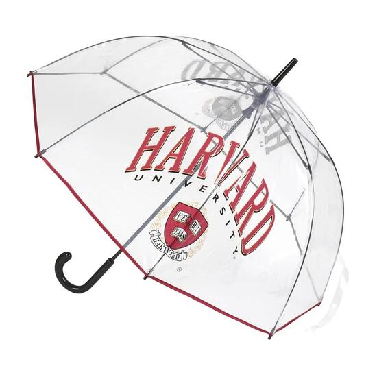 Ombrello manuale Harvard per adulti trasparente con bordo e stecche rosse.