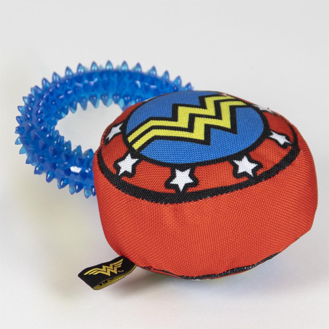 Brinquedo para cães da Mulher Maravilha com anel texturizado, azul e vermelho. 4/7