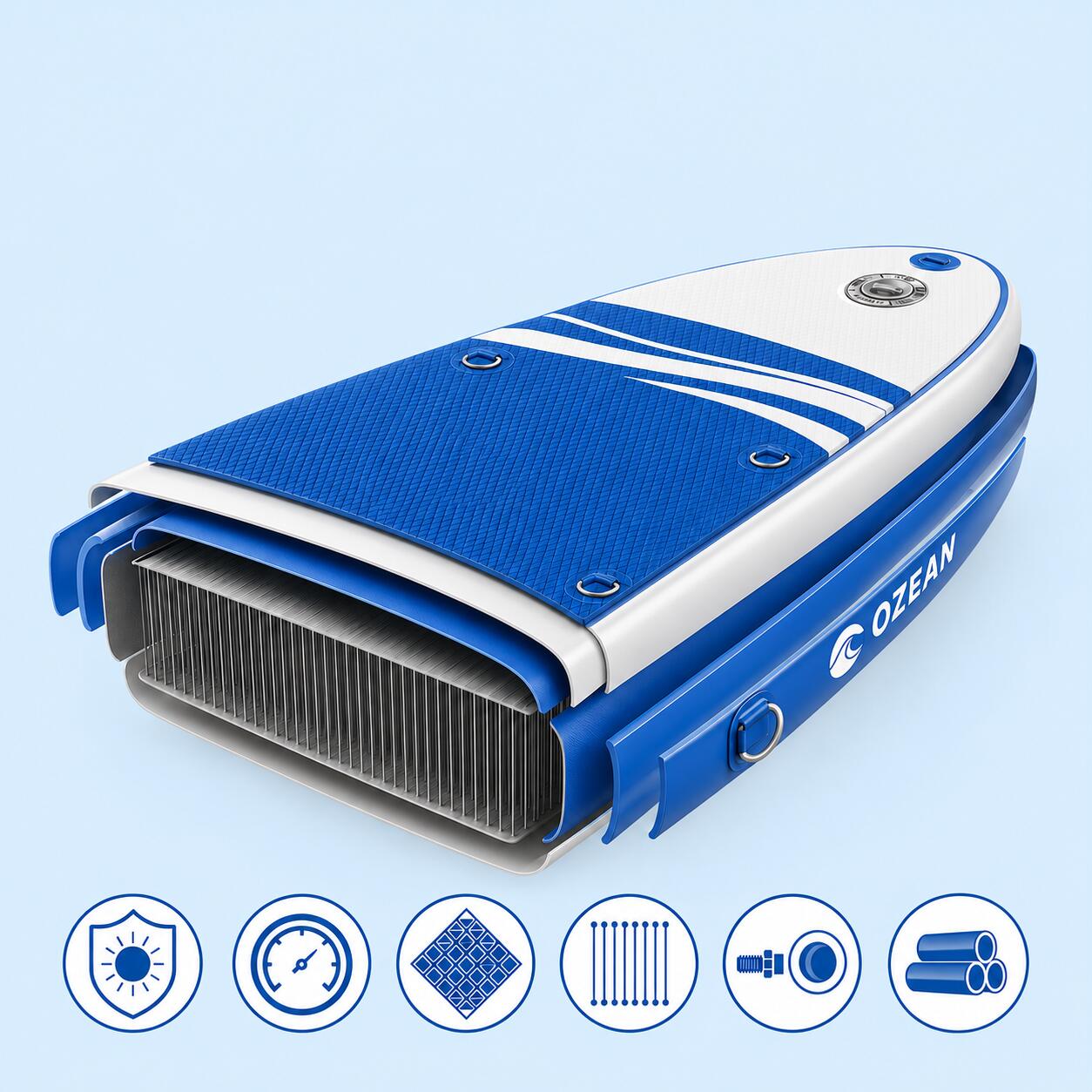 Prancha SUP OZEAN 350 cm insuflável, até 2 pessoas, com 11 acessórios, Azul 7/8