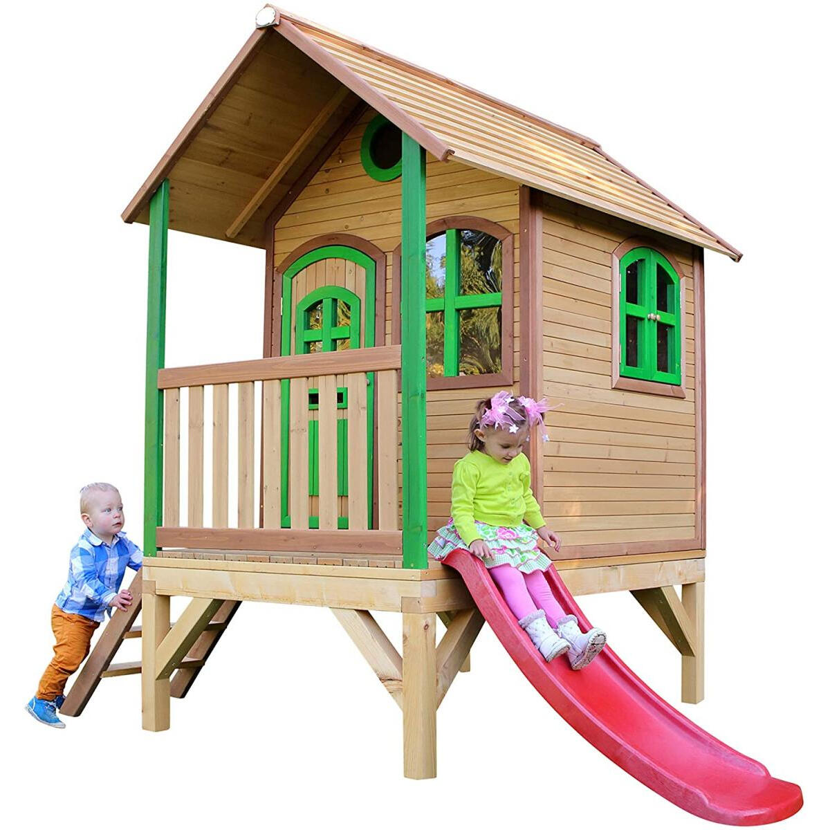 AXI Cabane enfant TOM Brun vert avec toboggan Rouge 3/3