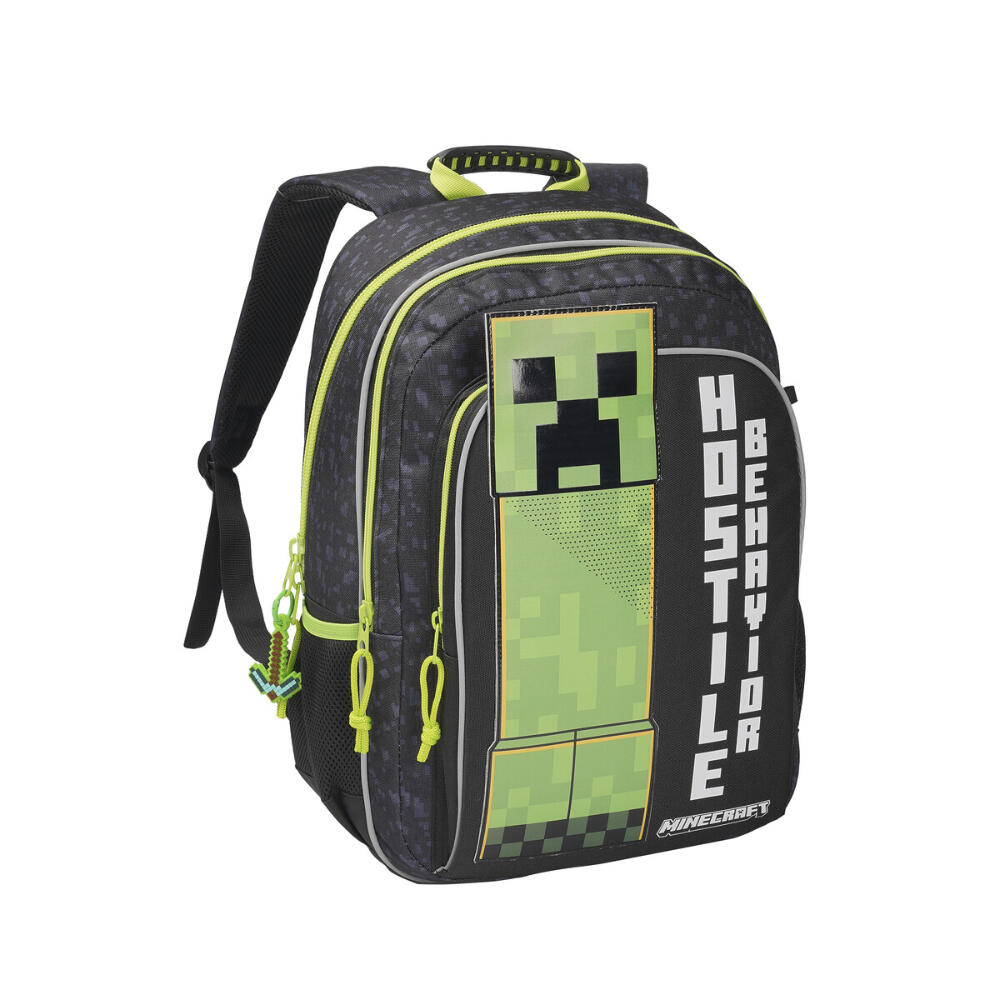 Mochila escolar infantil Minecraft, ajustável, com bolso frontal, preta e verde. 2/3