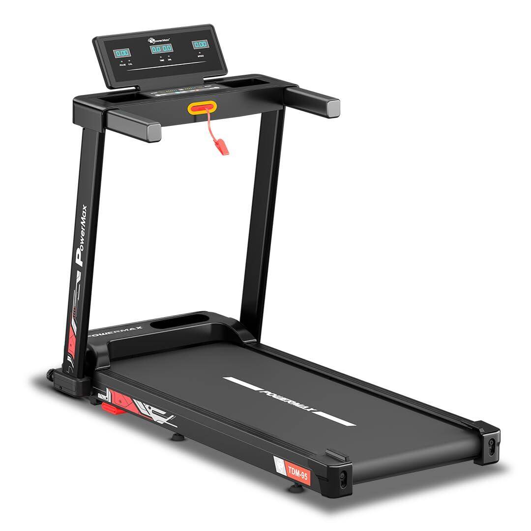 PowerMax Fitness TDM-95 4HP BLDC Motorized Treadmill for Home Use, 1.0-10 km/h Speed, 2-Level Manual Incline, Running Surface 950 x 385mm, LED Display, 12 Programs, Shock Absorption System -  1