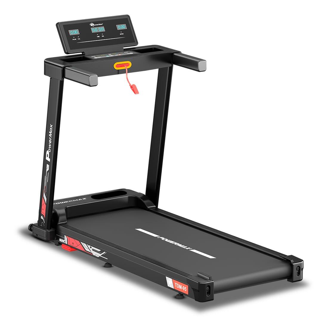 PowerMax Fitness TDM-95 4HP BLDC Motorized Treadmill for Home Use, 1.0-10 km/h Speed, 2-Level Manual Incline, Running Surface 950 x 385mm, LED Display, 12 Programs, Shock Absorption System-image-7