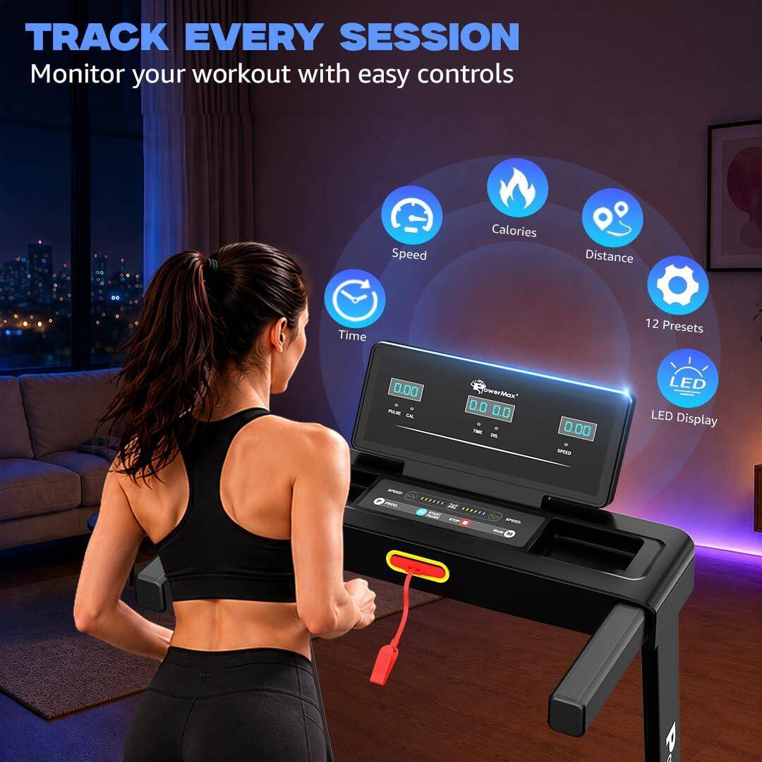 PowerMax Fitness TDM-95 4HP BLDC Motorized Treadmill for Home Use, 1.0-10 km/h Speed, 2-Level Manual Incline, Running Surface 950 x 385mm, LED Display, 12 Programs, Shock Absorption System -  5