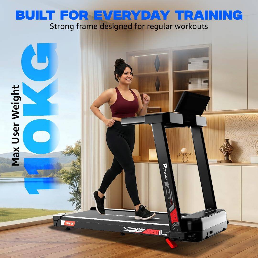 PowerMax Fitness TDM-95 4HP BLDC Motorized Treadmill for Home Use, 1.0-10 km/h Speed, 2-Level Manual Incline, Running Surface 950 x 385mm, LED Display, 12 Programs, Shock Absorption System -  4
