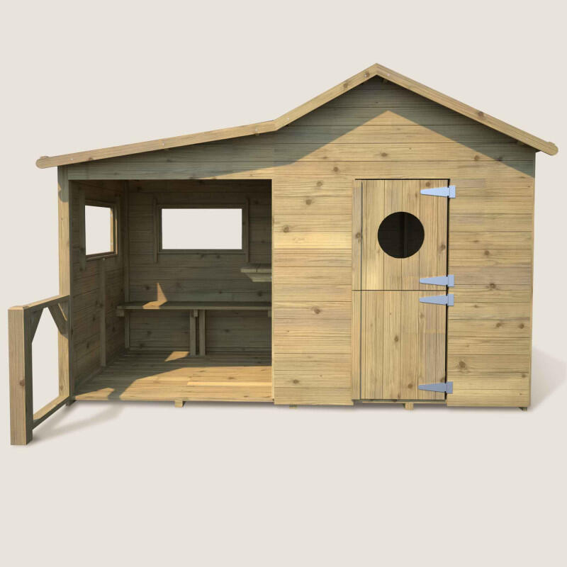 Cabane en bois traité avec préau et banc HACIENDA 4/5