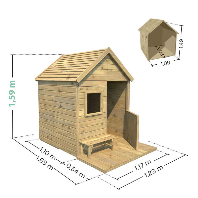 Cabane en bois traité avec terrasse et banc HEIDI 3/5