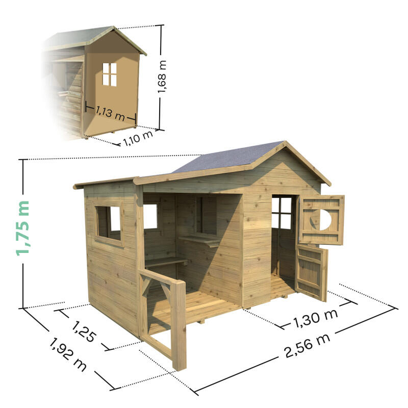 Cabane en bois traité avec préau et banc HACIENDA 3/5