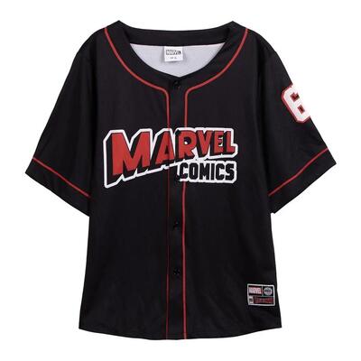 Baseballshirt marvel comics zwart met knopen en rode boordjes