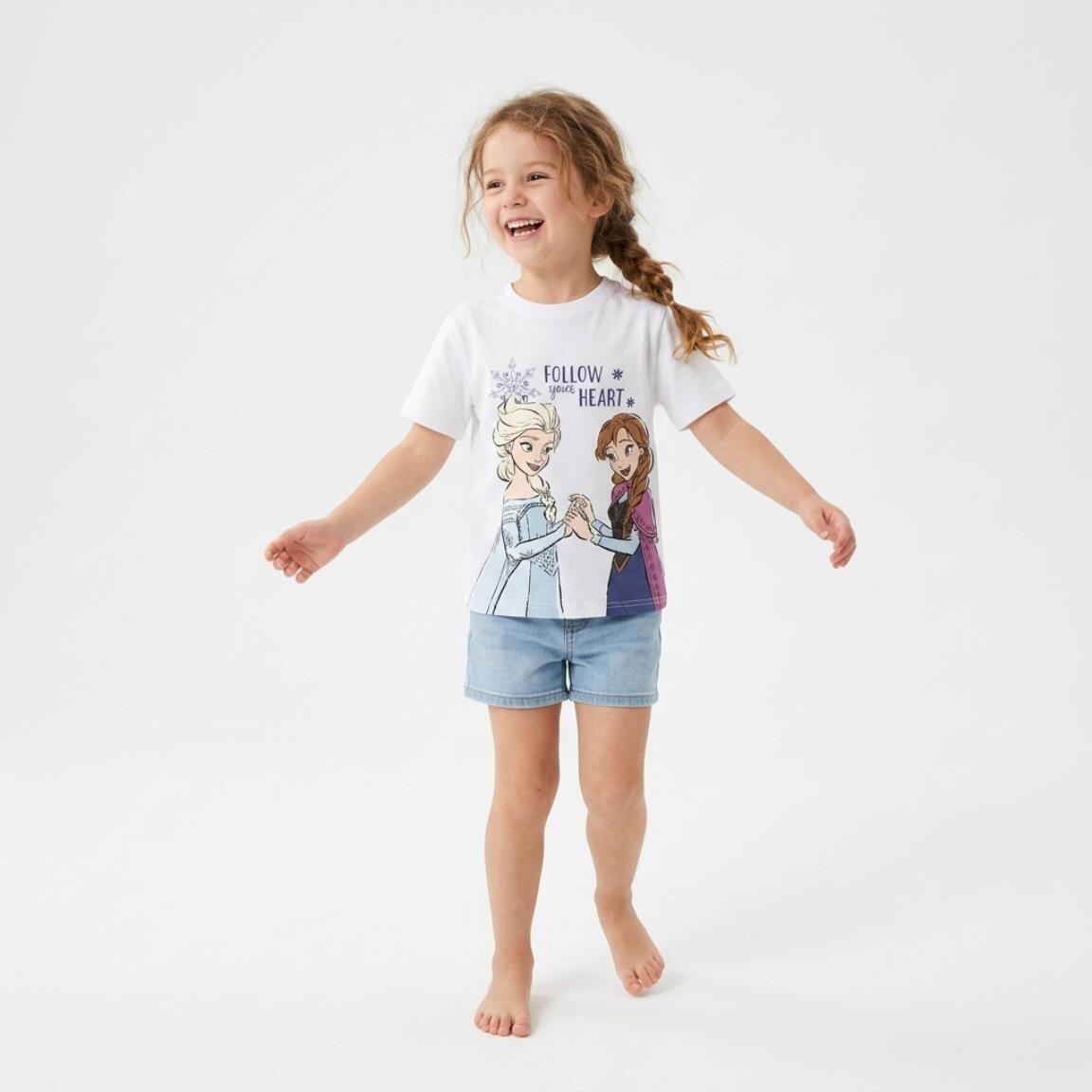 Camiseta manga corta Infantil Frozen Blanca com Estampado Elsa e Anna 4/6