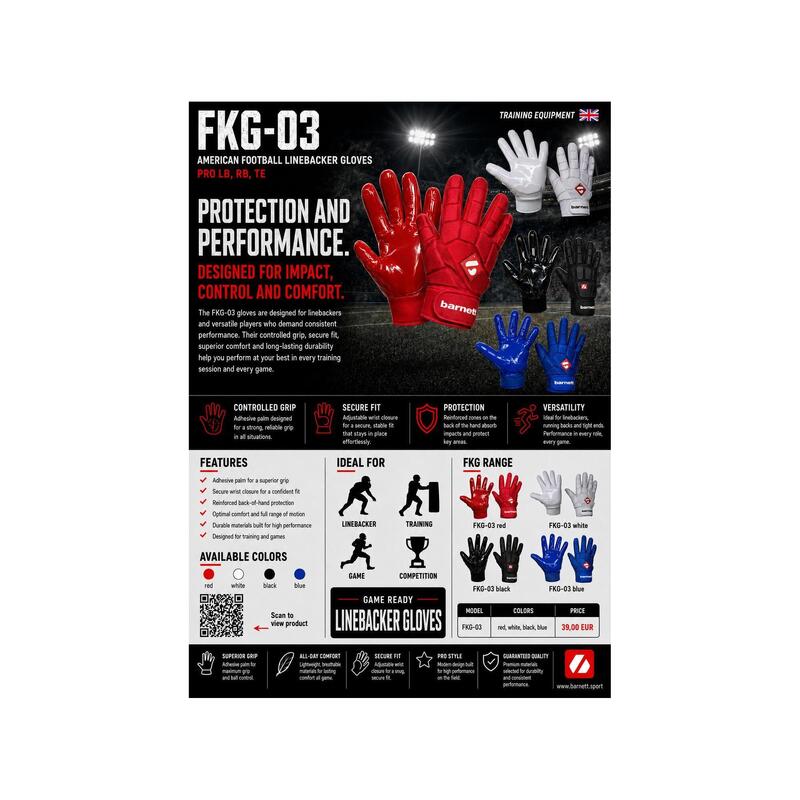 FKG-03 S mănuși de fotbal american pro linebacker, LB, RB, TE Albe