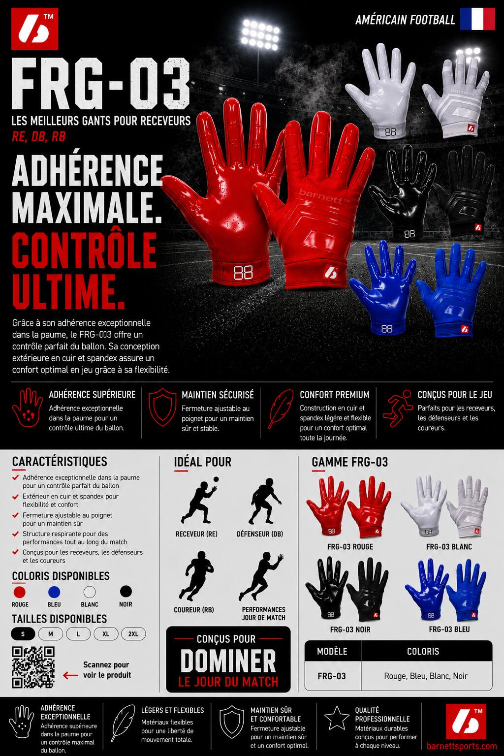 pro-ontvanger American football-handschoenen, RE, DB, RB, Rood FRG-03 5/6