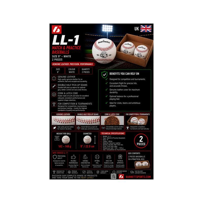  Meci de baseball "Elite", dimensiune 9'', alb, 2 piese LL-1