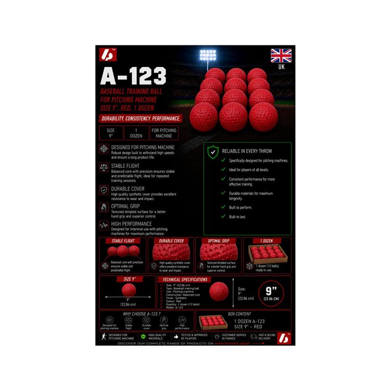  mașină de lansare baseball, dimensiune 9'', roșu, 1 duzină A-123
