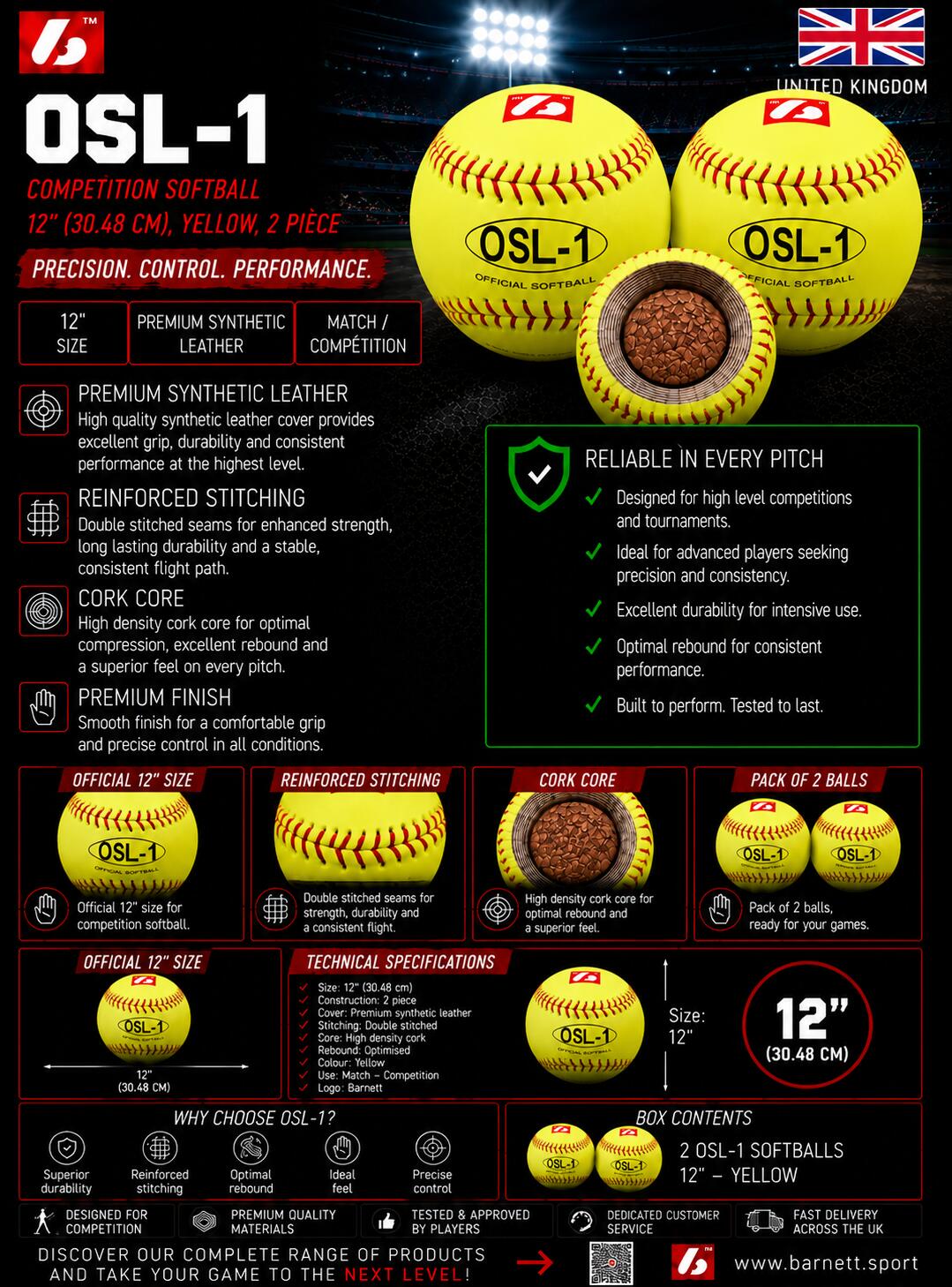 piłka do softballu, 12'', żółta 2 szt. OSL-1 2/2