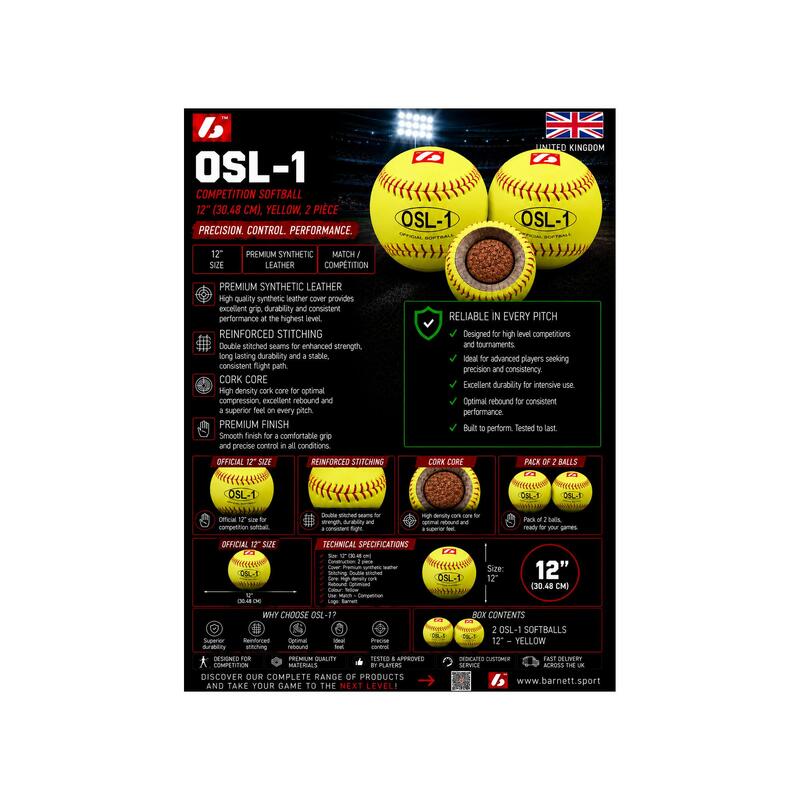  minge de competiție softball, 12'', galbenă 2 piese OSL-1