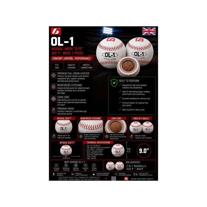  Meci de baseball "Elite", dimensiune 9'', alb, 2 piese OL-1