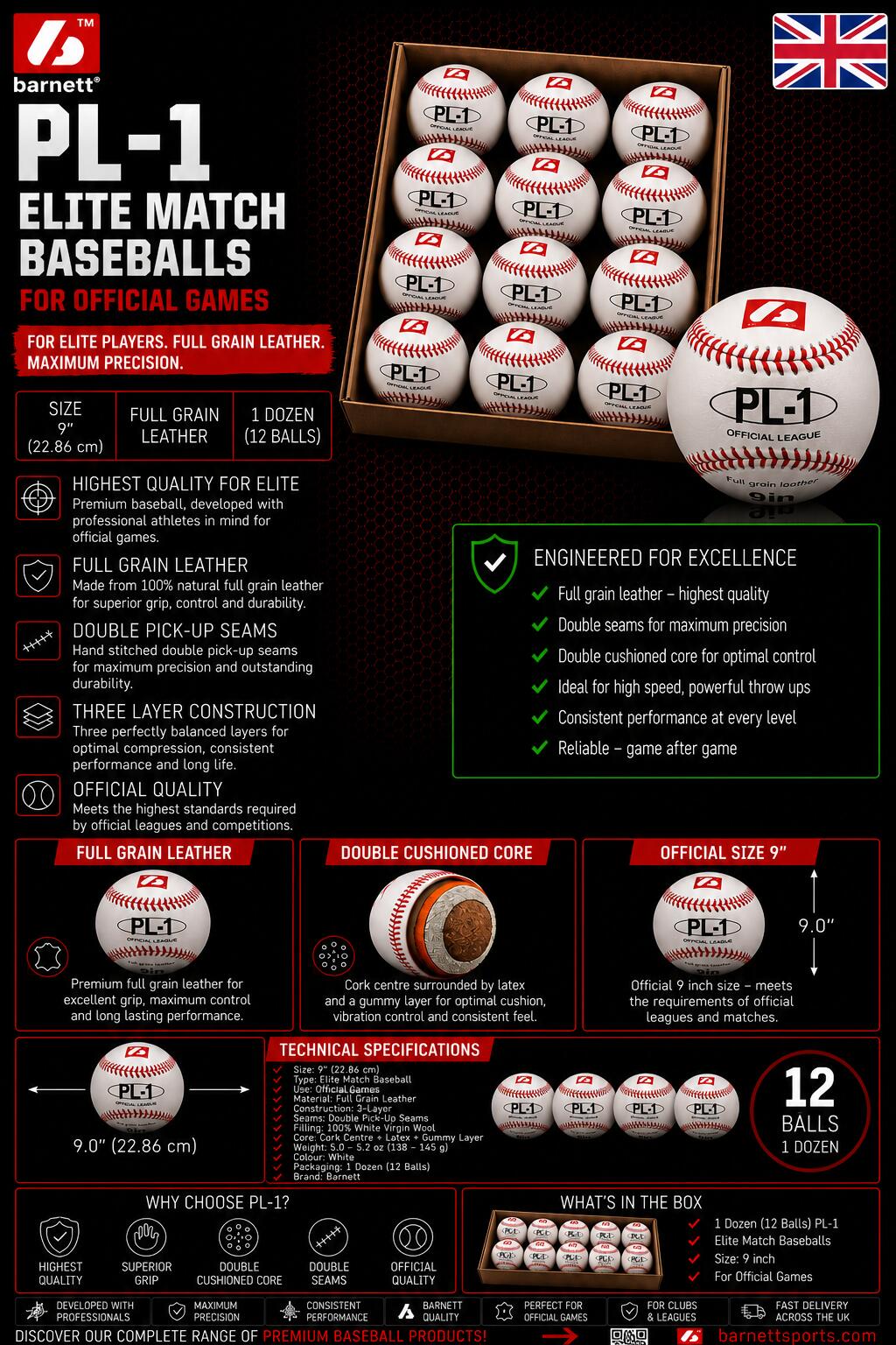 "Elite" Match-Baseball, Größe 9'', weiß, 1 Dutzend PL-1 3/3