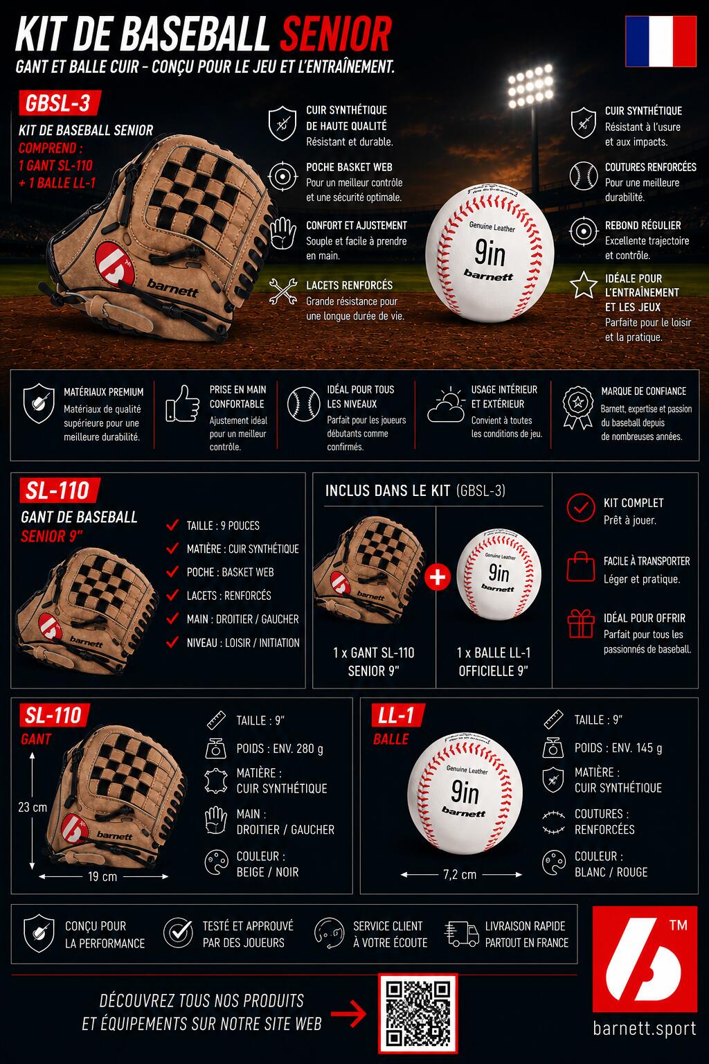 Rękawice skórzane baseballowe i zestaw piłek GBSL-3 Senior (SL 110, LL1) 4/5