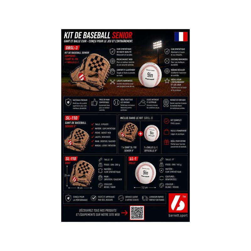 GBSL-3 Set de mănuși și mingi de baseball din piele pentru seniori (SL 110, LL1)