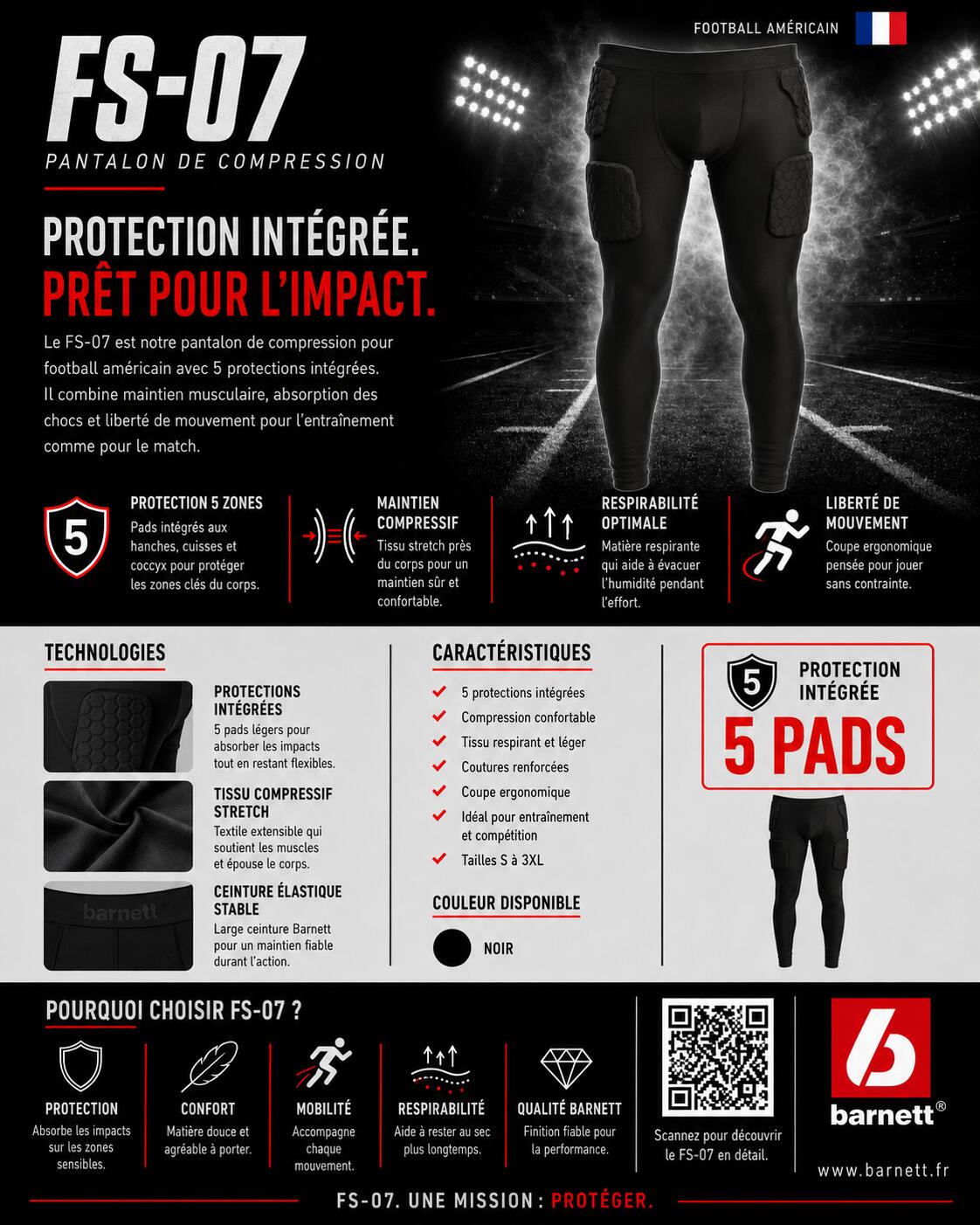 Compressiebroek, 5 geïntegreerde stukken, American football FS-07 4/4