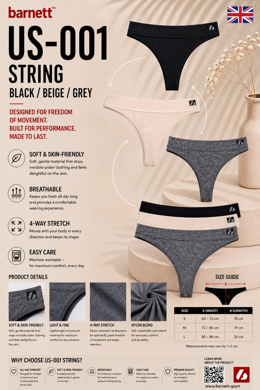 US-001 String - String Lot de 3 pièces Noir, Gris, Beige. 4/4